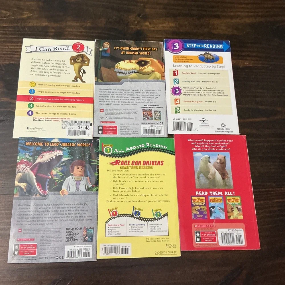 Kids Early Reader Book Lot 6pc LEGO Jurassic World Madagascar Who Would Win 2-4